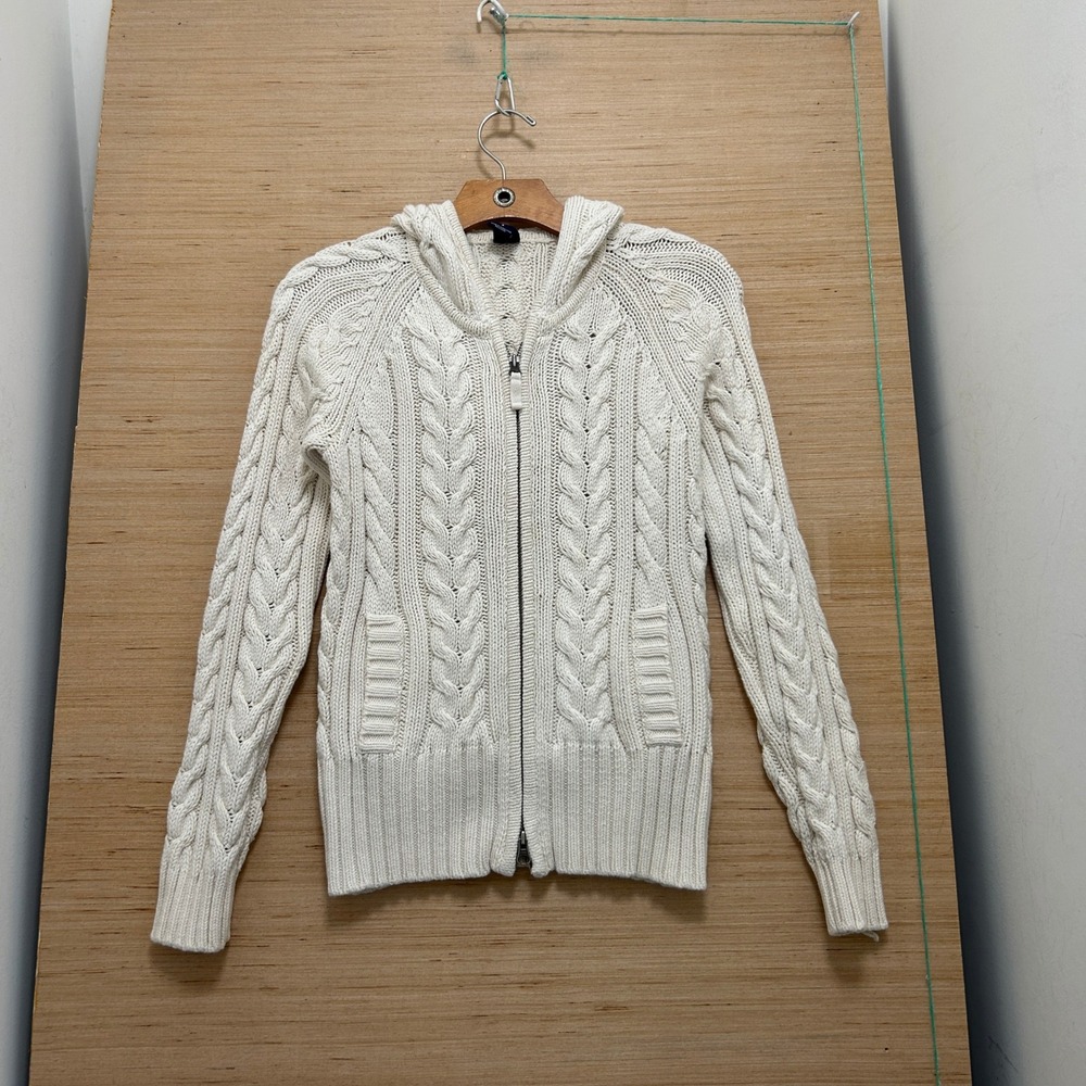 Gap Cream Cable Knit Full Zip Hoodie Sweater Small Off White Pockets RN54023